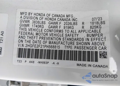 2023 Honda Civic Lx from USA, damaged, VIN 2HGFE2F21PH568815